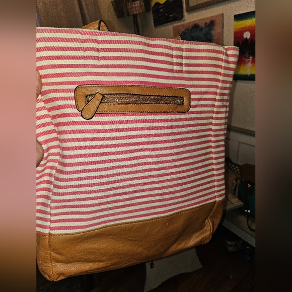Striped Pink and Tan Tote Bag - Picture 1 of 3